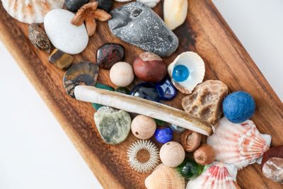 Tablett mit Muscheln, Steinen und Kastanien